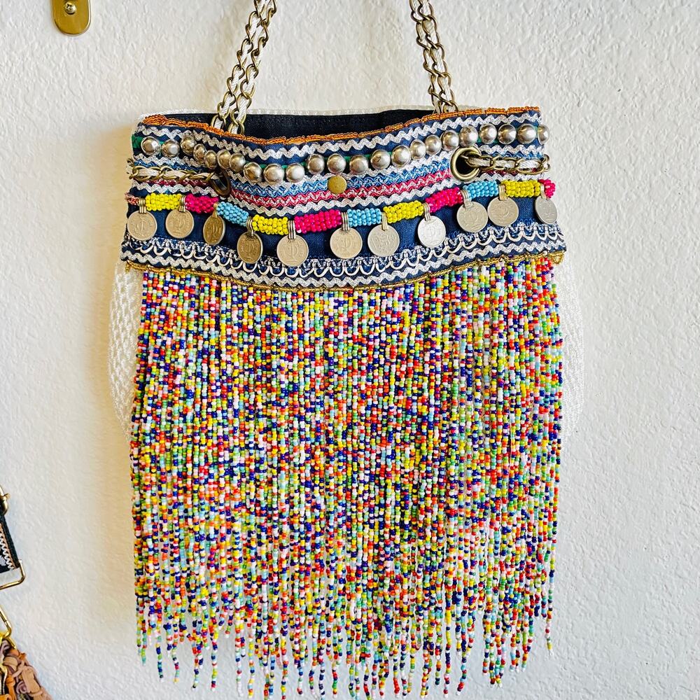 Elliott Mann Wow Bag Handmade Crochet Beaded Fringe White Multicolor Chain Strap